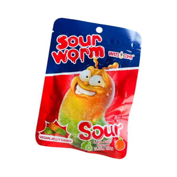 Marmelad zhevatelnyy WISICHI Kislyy chervyachok so vkusom apelsina i layma 20g