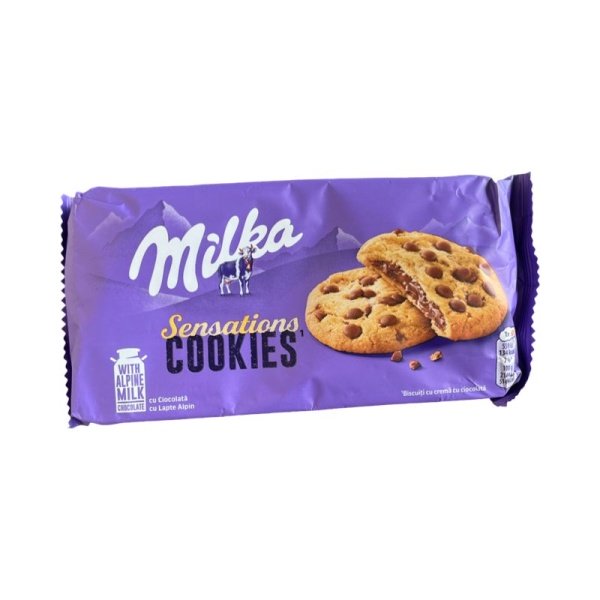 Pechene Milka Shokoladnaya Sensatsiya s nachinkoy i kusochkami molochnogo shokolada 156g