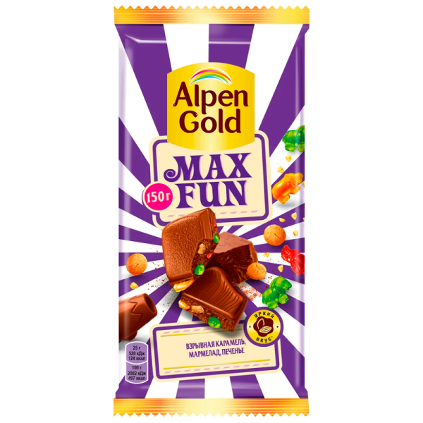Shokolad Alpen Gold Max Fun vzryvnaya karamel marmelad pechene 150g