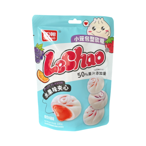 Marmeladnye konfety Lechao Mot s zhidkoy nachinkoy s fruktovym vkusom 100g