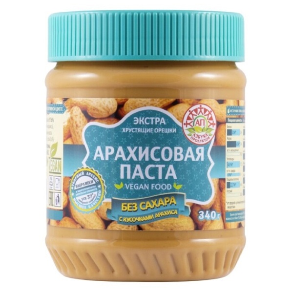 Arakhisovaya pasta Azbuka produktov bez sakhara s kusochkami arakhisa 340g